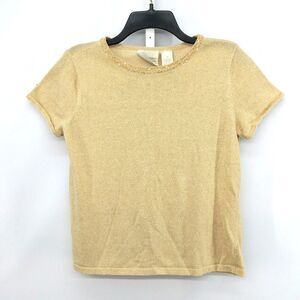 First Issue Shirt Womens Size M Gold Metallic Thread Beaded Short Sleeve Blouse